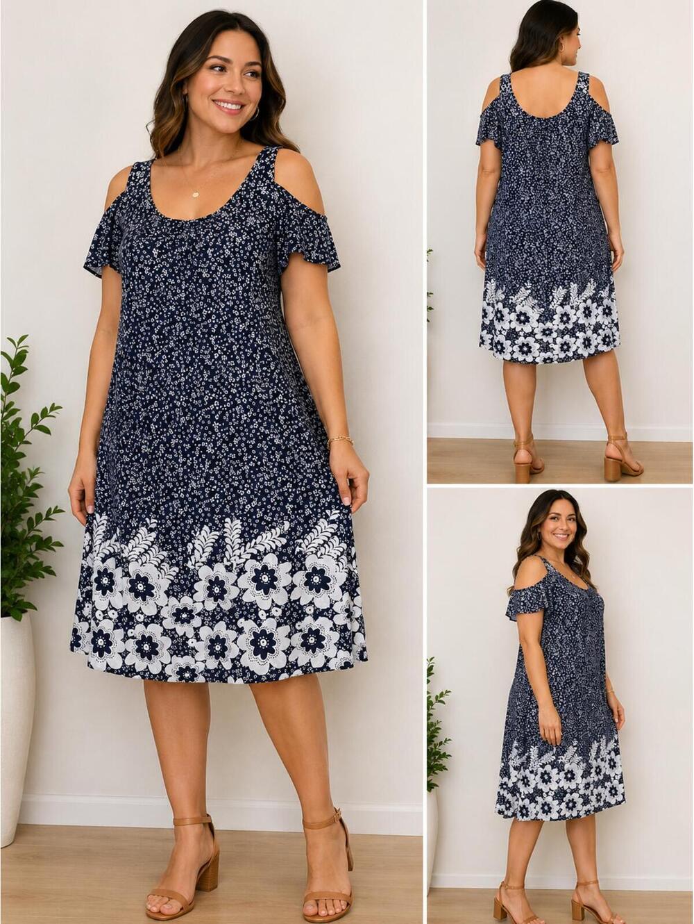 Navy Blue Floral Cold Shoulder Short Sleeve Dress Size L